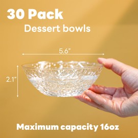 NZVCN 30 Pack Clear Plastic Bowls with Gold Rim, 12oz Disposable serving bowl Hammered Heavy-Duty Dessert/Salad Bowls for Party