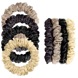 4Pcs Silk Scrunchies, Satin Hair Ties Elastic Hair Bobbles for Women Satin Ponytail Holder Hair Ties No Damage for Women Girls (Black/Brown/Khaki/Beige)
