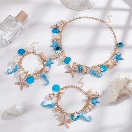 UNICRAFTALE Shell Starfish Necklace Bracelet Pearl Shell Bib Necklaces Charm Bracelets Sets Blue Summer Beach Necklaces Bracelet Ocean Theme Jewellery for Women, Stainless Steel