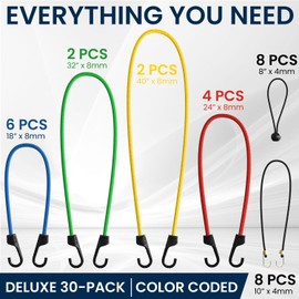 (30 Pack) Durable, Long Lasting - Assorted Bungee Cords with Hooks Heavy Duty Outdoor - Includes Mini Bungees and Bungee Cords with Balls