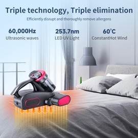 Bed Vacuum Cleaner, Mattress Vacuum Cleaner Portable 15KPa UV with High Heating Tech & Roller Brush Vacuums Upgrade Double Dust Cup Widened Suction Port Handheld Vacuums for Bed Carpet Fabric Sofa
