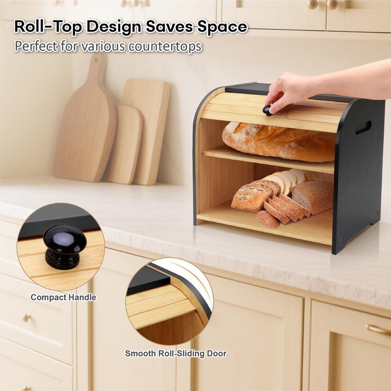 Thalomely Bread Box for Kitchen Countertop, Double Layer Bamboo Bread