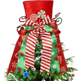 LATERN Christmas Tree Topper, 30CM Large Red Xmas Tree Top Hat with Striped Bow Ribbon and Lollipop for Home Christmas Holiday Winter Decor Desktop Ornaments