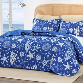 Love's cabin Cal King Size Quilt Bedding Set Coastal Blue Bedspreads - Summer Beach Nautical Quilt Lightweight Bedspread- Reversible Bedding Coverlet for All Season - 3 Piece (1 Quilt, 2 Pillow Shams)