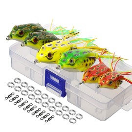 DONQL Topwater Frog Lure Artificial Frog Fishing Lure Set with Fishing Box for Bass Dogfish Musk Snake Head Pike Trout (Multicolor) (6 Frog Lures with Two Skirts)