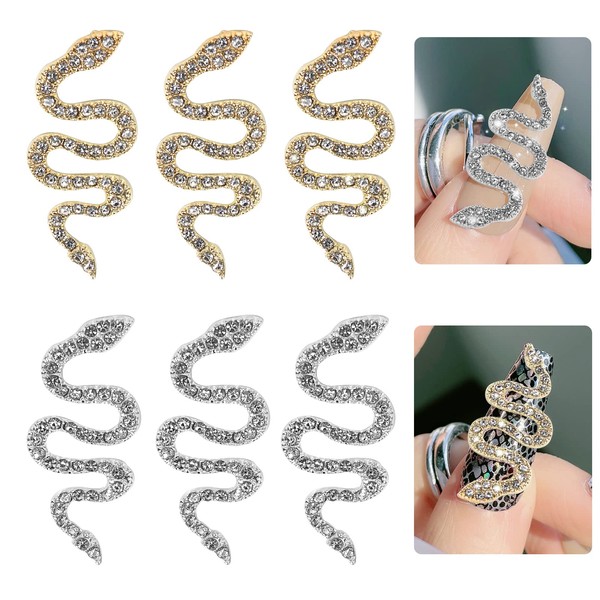 6 PCS 3D Snake-Shape Nail Art Charms with Flatback Rhinestones, Zircon Gold & Sliver Metal and Diamond Gems Snake Wave Nail Decorations, Retro Nail Jewelry Accessories for DIY Crafts Nail Art