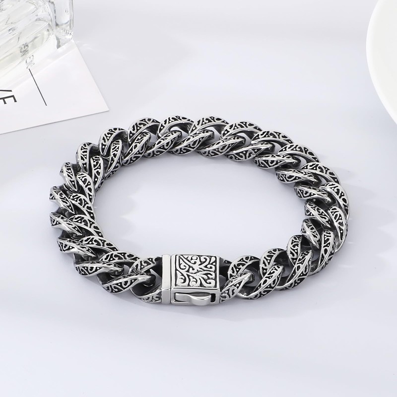 Azubpi 316 Stainless Steel Engraved Cuban Link Bracelet for Men,