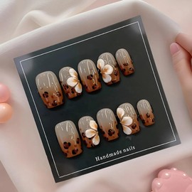 LOHAS Home 3D Carved & Painted Handcrafted Premium Wearable Nails Reusable French Short Square Press-on Nails, Leopard Print & Flower