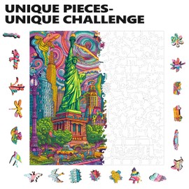 Wooden Jigsaw Puzzle for Adults - Challenging 300 Piece Puzzle with Cool Shapes - Unique Manhattan New York Puzzle Art - Cities Collection (Mystical Manhattan)