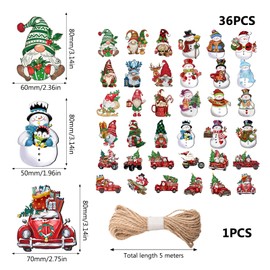 Rebanky Pack of 36 Wooden Christmas Decoration Pendants Christmas Wooden Pendant Figures Wooden Pendant Gnome Figures Christmas Pendant Christmas Wood with String for Living Room Christmas Tree Window