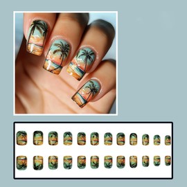 24 Pcs Ocean Breeze Summer Press on Nails Short Square, ZIFANHU Coconut Tree Fake Nails Press ons Nail Tips Full Cover Acrylic Kit False Nails with Sunset Beach Nail Art Design Glue on Nails for Women