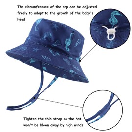 Dionsaur Baby Sun Hat Summer Toddler Boys Bucket Hats UPF50 Kids Beach Hats Sun Protection Cap for Boys (Navy Seahorse, 50)