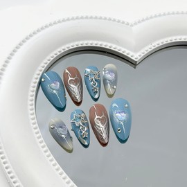 Blue Press on Nails Medium Almond 5D Heart Fake Nails Gradient Full Cover Star Charm False Nails with Sliver Line Designs Glossy Glue on Nails Cute Acrylic Artificial Nails for Women Girls
