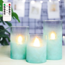 FLAVCHARM Blue Flameless Candles with Remote Aqua Glass Handmade Sandblast Battery Operated Candles Flickering Decorative LED Pillar Candles for Home Bathroom Coastal Theme Wedding Decorations