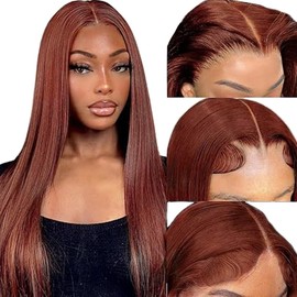 DÉBUT Reddish Brown Glueless Wigs Human Hair Pre Plucked Straight Hair Lace Front Wigs 5x5 HD Lace Closure Wig for Women Daily Use 18 Inches