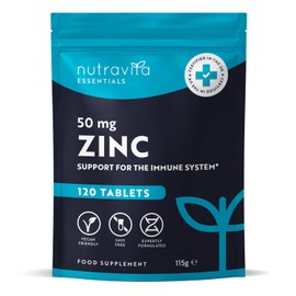 Zinc Tablets 50mg – 120 High Strength Vegan Tablets (4 Months Supply) – Highly Absorbable Zinc Supplements for Maintenance of Normal Immune System, Bones, Hair, Skin & Nails – Made in UK by Nutravita