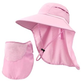 Sun Hats for Men Women Detachable Face Cover Wide Brim Fishing Hats with Neck Flap UPF 50+ Outdoor Safari Hats Pink