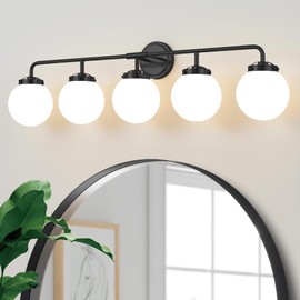Deyidn Bathroom Light Fixtures Over Mirror, 5-Light Matte Black Vanity Lighting with Milk White Glass Globe Shades Modern Wall Sconce