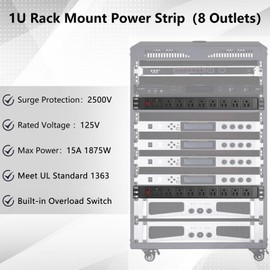 ElecVoztile 8 Outlet Rack Mount PDU Power Strips with SPD Surge Protection-1200J, 10ft 14AWG Cord, 15A Overload Switch, 1U RackMount, Fits 19'' Network Server Rack, Front Facing Plug