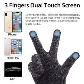 ViGrace Winter Touchscreen Gloves for Men & Women with 3 Fingers Dual-layer Touch Screen Warm Lined Anti-Slip Thermal Knit Driving Texting Glove(Black/White, Large)