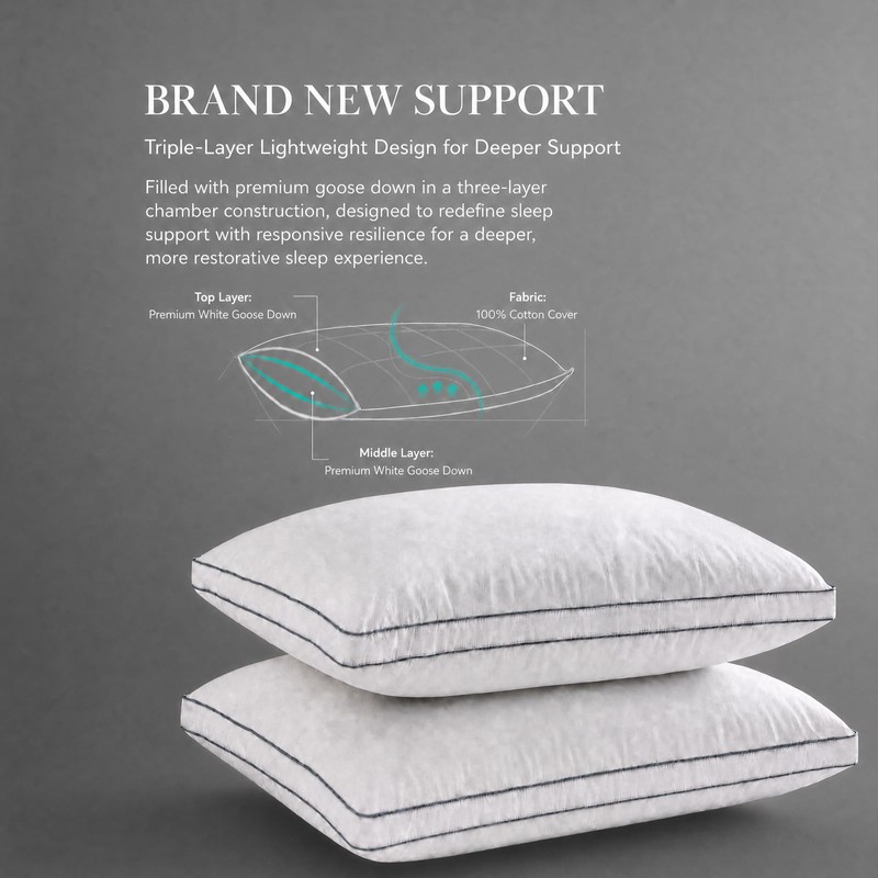 Goose Down Pillow, Queen Size Set of 1 with 3-Layer