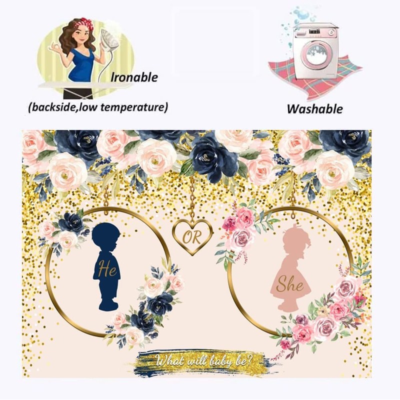 OFILA 8x6ft Gender Reveal Decorations Banner Backdrop Navy and Blush