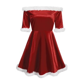 Achlibe Women Christmas Santa Claus Costume Outfit Dress Long Sleeve Off Shoulder Red Cosplay Dress