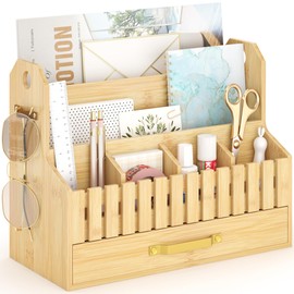 Bamboo Mail Organizer Countertop with Drawers, Wood Desk File Organizer Desktop Paper Organization Storage Bill & Letter Sorter Holder for School Home Office Supplies, No Assembly Required (Nature)