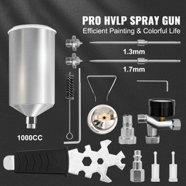 Happybuy Gravity Feed HVLP Spray Gun, Professional Auto Paint Sprayer with 1.4mm & 1.8mm Stainless Steel Nozzles, 1000cc Copper Container, MPS Adapter and Air Regulator for Primer and Finish Jobs