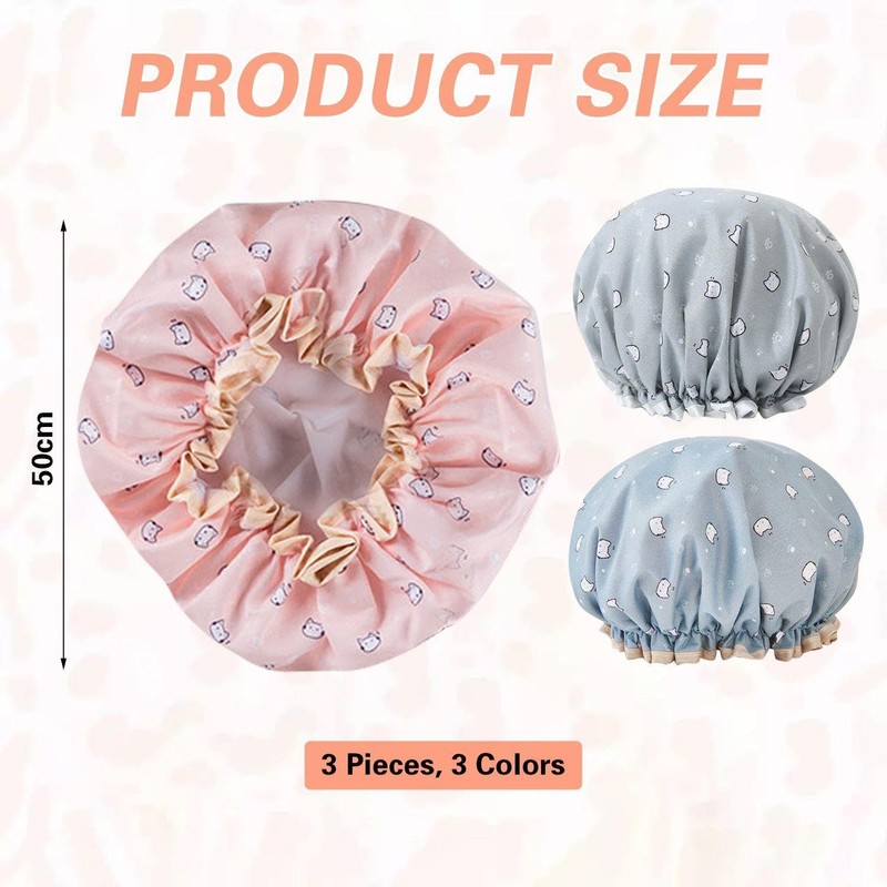 Pack of 3 Kitten Printed Shower Cap, Cute Cartoon Shower