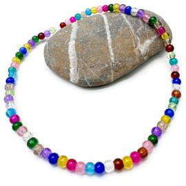 Large Colourful Crackle Glass Bead Anklet on Elastic - Handmade Multi-Colour Design : Plus Size Large 11 inches - 4mm Beads in Fresh Summer Colours