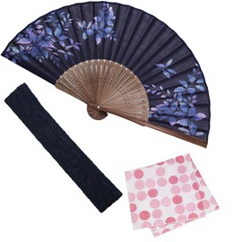 Osaka Choseido Folding Fan, Women's, Stylish, Business, Folding Bag, Handkerchief Included, Bloom, Reef