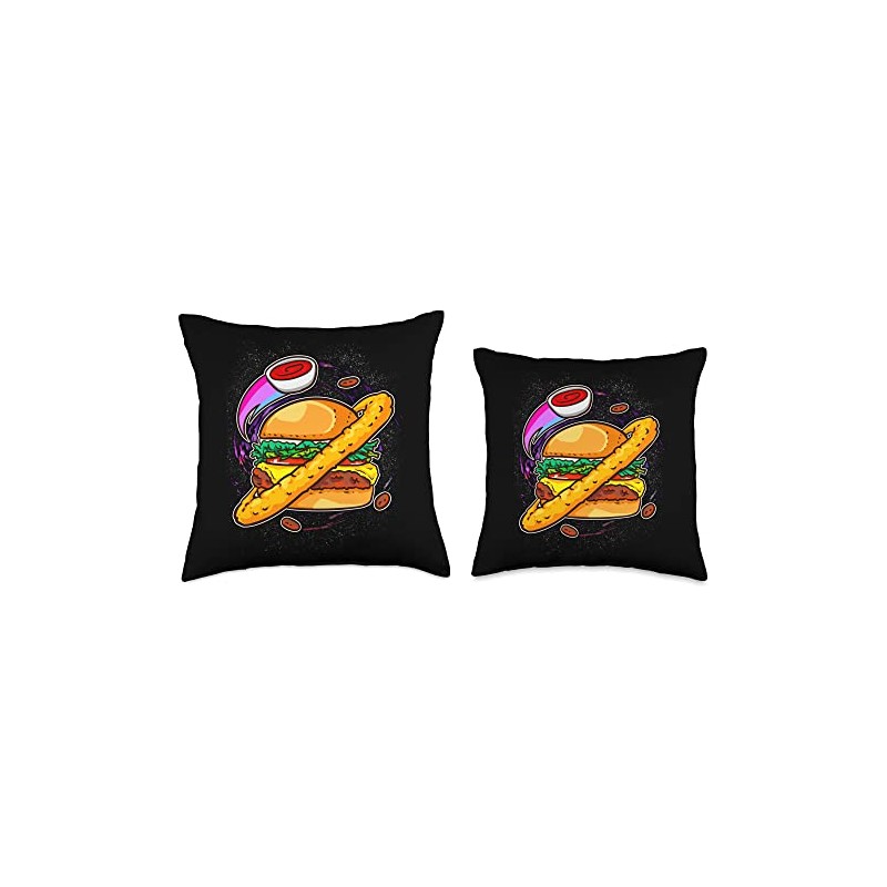 Planet Cheeseburger Flying Condiments Onion Ring Galaxy Throw Pillow