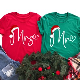 Mr and Mrs Matching Couples Christmas Shirts, Christmas Couple Matching Pajamas, Wife and Husband T Shirts, Christmas Gift, Xmas Holiday Outfit (ADULT 2XL, RED, Mrs)