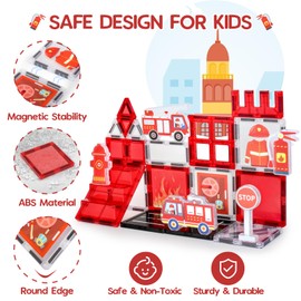 Magnetic Tiles, Fire Trucks for Toddlers 3-5, Firetruck Toys 3-5 Years Old, Magnetic Building Blocks for Kids, STEM Educational Construction Toys for Toddlers, Xmas Birthday Gifts for Boys and Girls