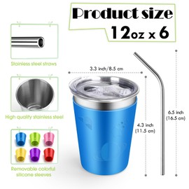 ShineMe Stainless Steel Cups for Kids, 12oz Kids Cups with Stainless Steel Straws and Leak Proof Lids, Unbreakable Metal Tumbler with Colorful Sleeves for Heat/Cold Insulation 6 Pack
