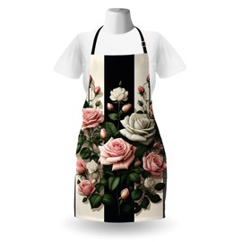 Ambesonne Floral Apron Pack of 2, Blooming Romantic Rose Flowers with Greenery Leaves on Striped Backdrop, Unisex Kitchen Bib with Adjustable Neck, 2 Pcs - Adult Size, Rose Forest Green Beige