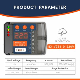 BXST Heavy Duty Wiring Surge Protector with LED Display Adjustable Voltage & Delay Protection, 220V, 30A, 6600W Max, 140J Surge Protection for Refrigerators, Air Conditioning, Motors, Pumps
