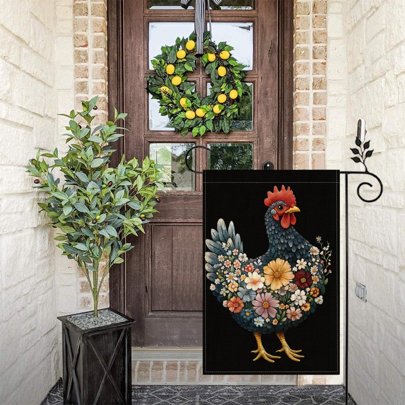 Floral Chicken Garden Flag 12x18 Inch For Outdoor Decor