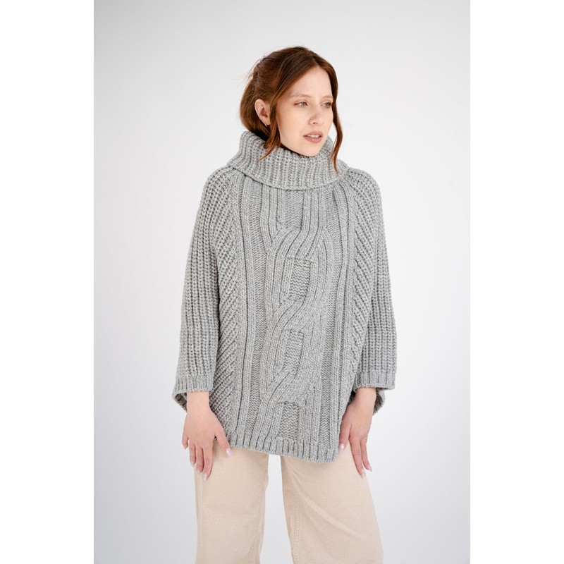 SAOL 100% Merino Wool Cable Knit Ladies Poncho Sweater (Grey)