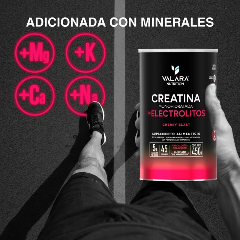 VALARA Creatina Monohidratada Adicionado Con Electrolitos En Polvo Cereza