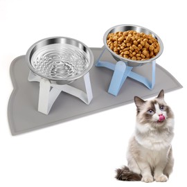 VAlinks 2 Pack Raised Cat Bowls Holder with Non-Slip Mat Stainless Steel Cat Feeder Elevated Pet Water Food Bowls for Cats Puppies Rabbits (White & Blue)