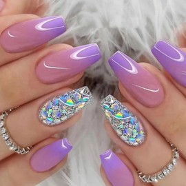 YOJIATOP Short Coffin Press-On Nails, 24pcs Plastic Sliver Glitter Sequins Designs, Purple Gradient, Glossy, Full Cover, Quick On, 24 Fl Oz (Pack of 1)