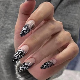Long Stiletto Press on Nails Almond False Nails Black and White Graffiti Design Reusable Natural Acrylic Nails French Point False Nails for Women and Girls 24pcs