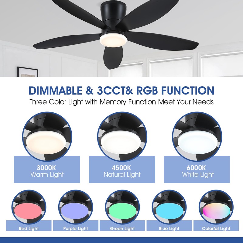 Surtime Flush Mount RGB Ceiling Fans with Lights-48 Low Profile