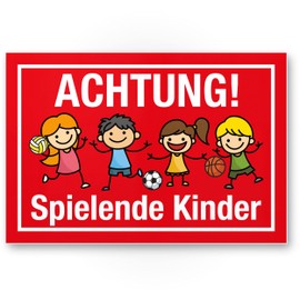 Komma Security Achtung Spielende Kinder Schild 30 x 20 cm Hinweisschild Warnzeichen Warnschild langsam fahren Warnung Hinweis Spielstraße Spielplatz - Vorsicht spielende Kinder