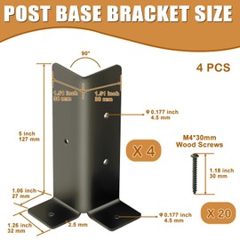 4Pcs Adjustable Post Anchor Brackets, Heavy Duty Half Column Black Support Base for Wood Fence Pergola Railing, Fit 1.5x1.5, 2x2, 2x4, 4x4 Deck Posts