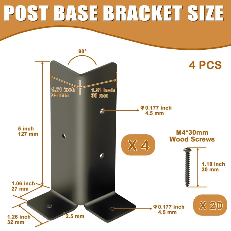 4Pcs Adjustable Post Anchor Brackets, Heavy Duty Half Column Black