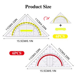 Vyuwast Set of 12 Geometry Triangles, Drawing Triangle Protractor, 2 Functions, Flexible Set Square for Circles Drawing, 6 Set Squares with Yellow Handle and 6 Set Square Red for School and Office