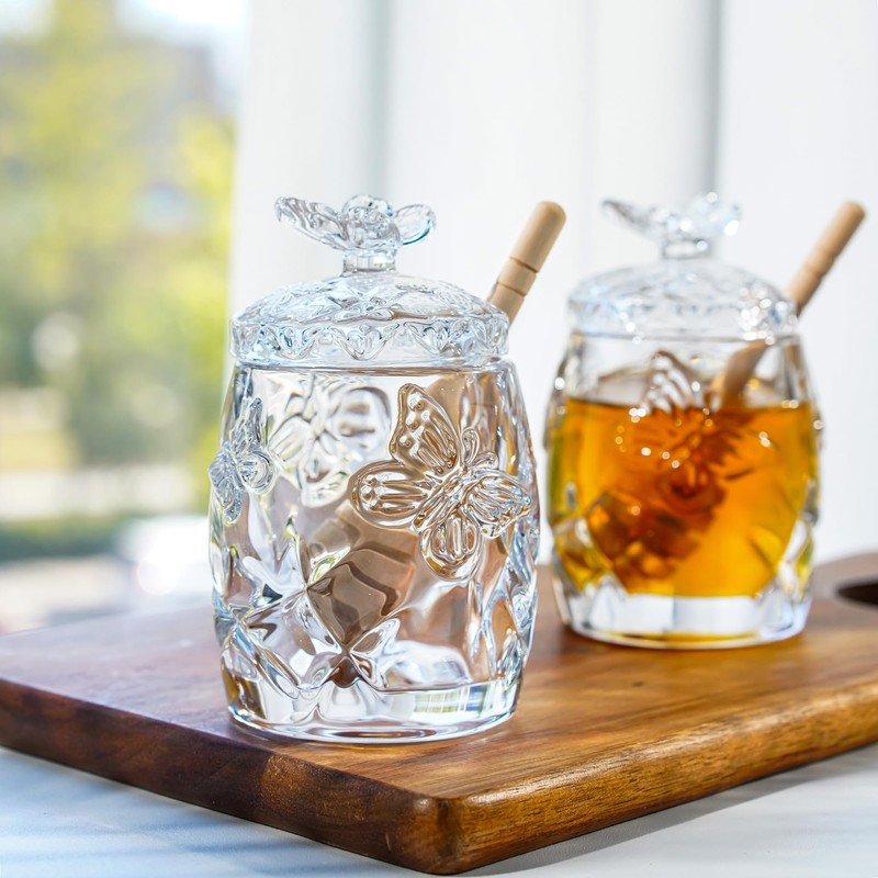 kanpura Clear Crystal Honey Jar with Dipper and Lid, Honey